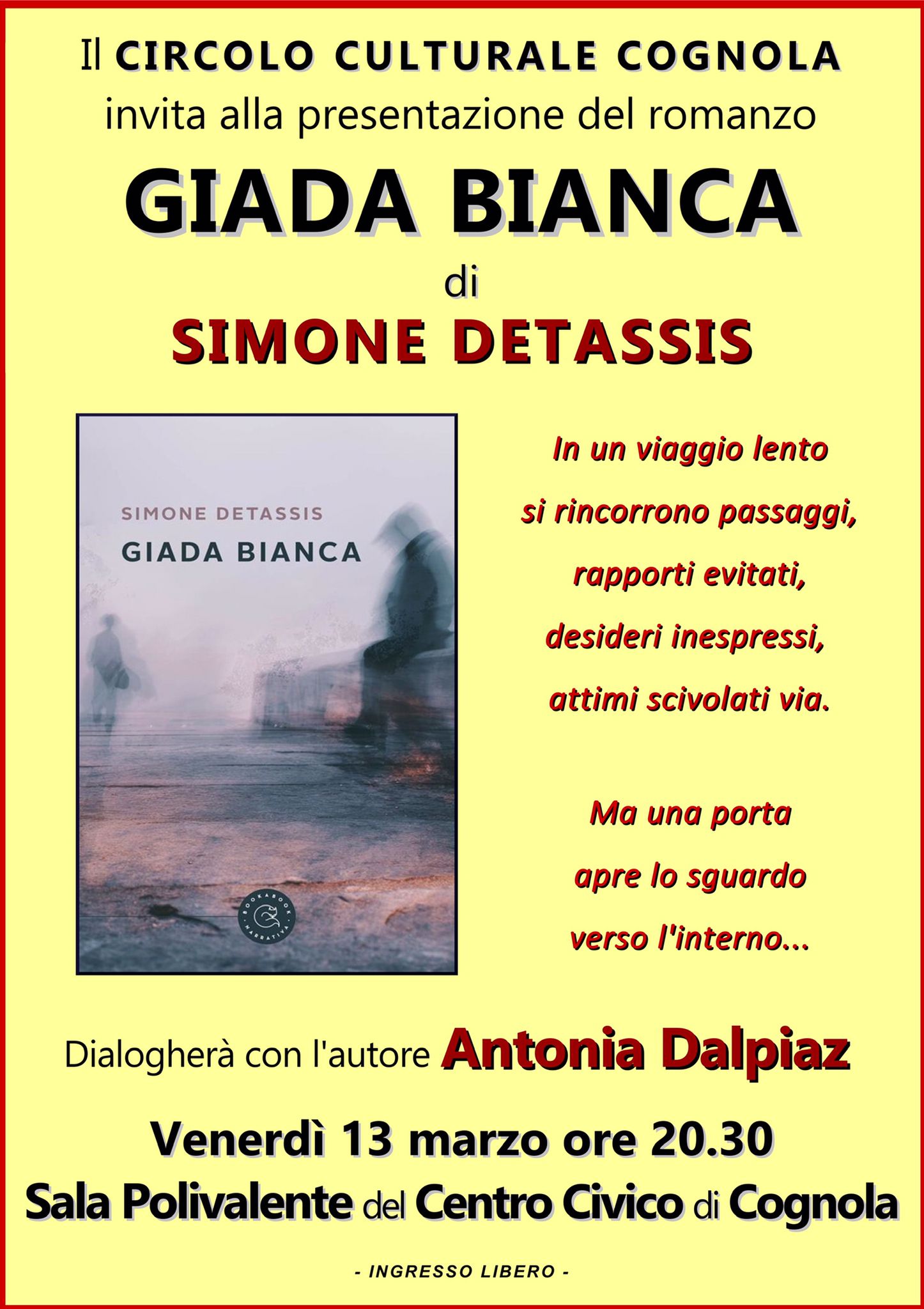 Locandina dell'evento: Presentazione del romanzo "Giada Bianca" di Simone Detassis.